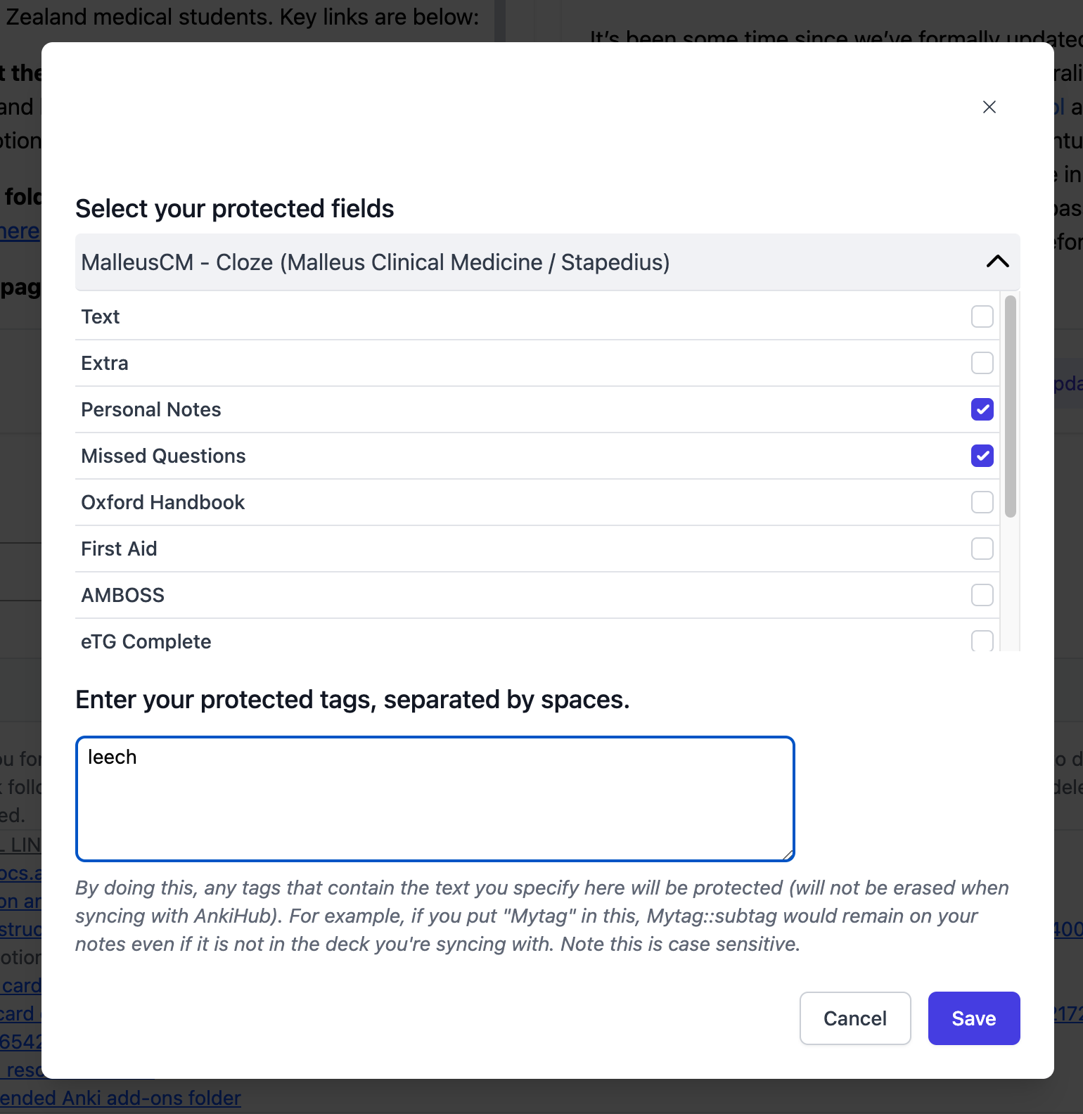 Add whatever tags you’d like to protect from synchronisation with AnkiHub. For example I have tags for particular exams in medical school (e.g year_4::cardiology).